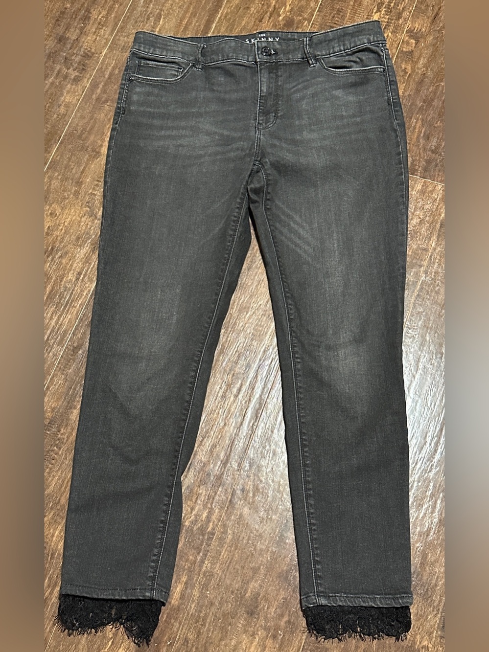 White House Black Market The Skinny Ankle Black Denim Jeans Lace Hems Size 10